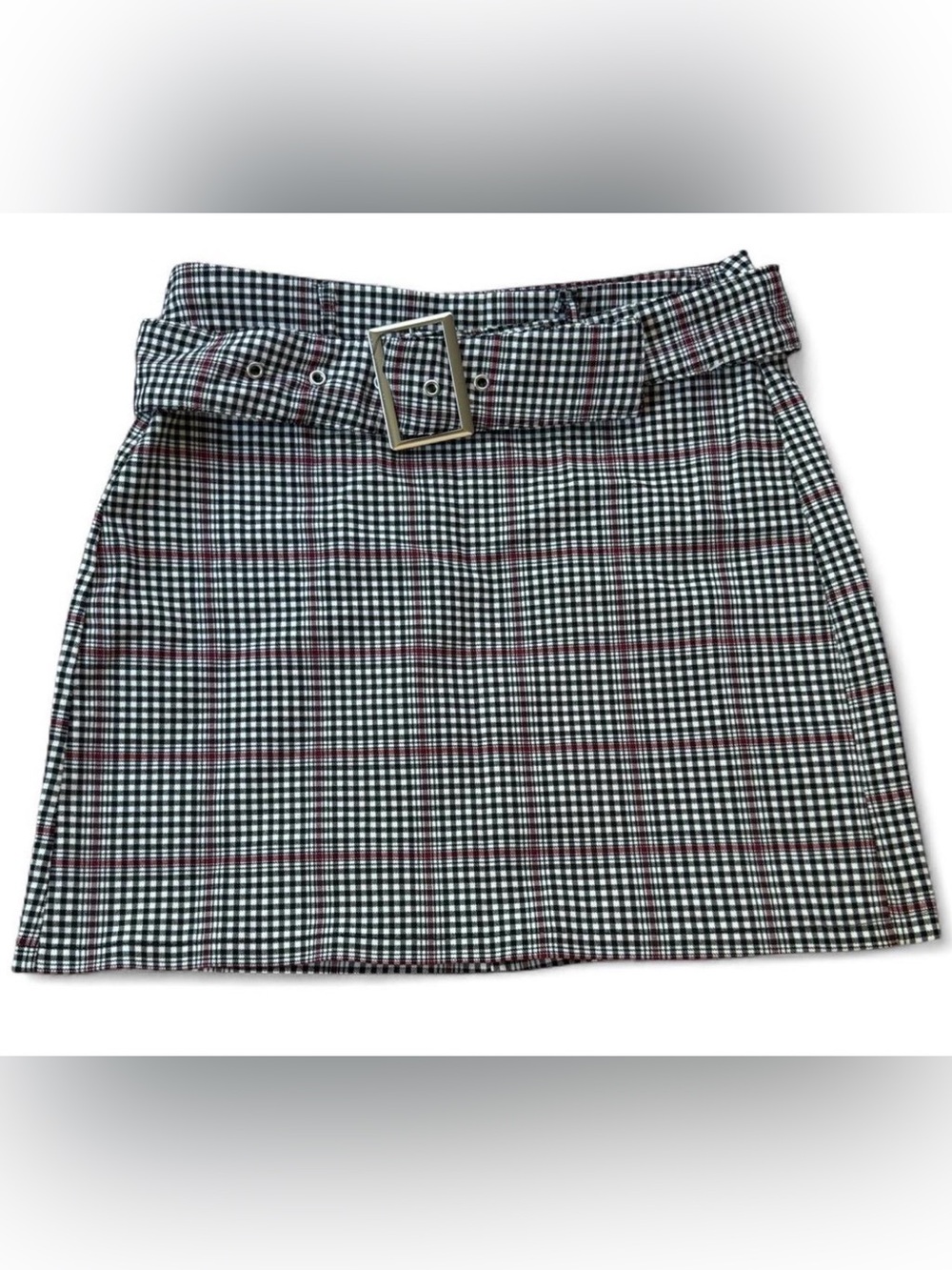 Joe Benbasset Black, White & Red Plaid Belted Mini Skirt